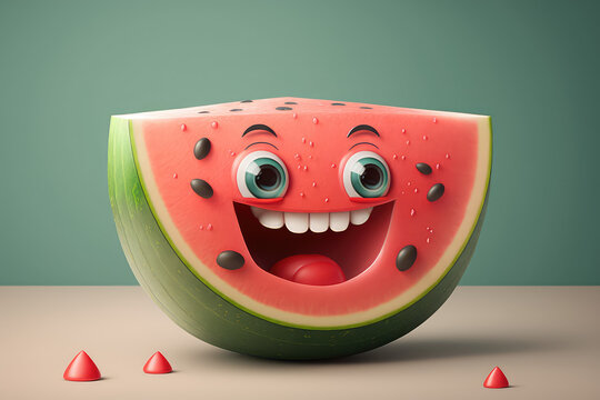 Smiling watermelon 3d cartoon character. Ripe fruit with big eyes and seeds. Funny water melon slice mascot. Generative AI 3d render illustration imitation.