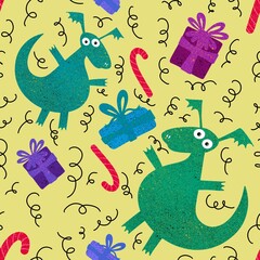 Cartoon dinosaur monsters seamless dragon pattern for wrapping paper and Christmas gift box and kids clothes