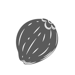 Whole coconut glyph icon vector illustration. Silhouette of one tropical palm fruit for cooking healthy food, stamp of coconut with shell and husk, crop from beach of tropics, exotic summer garden