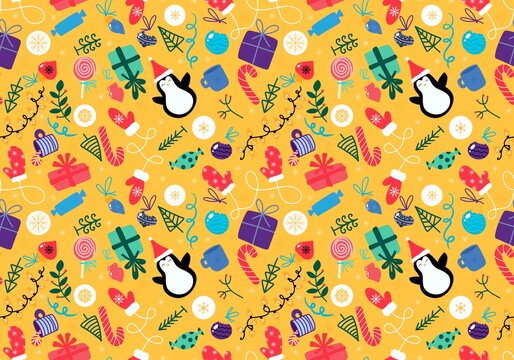 Christmas cartoon seamless penguin and gifts and candy and balls and tree pattern for wrapping paper