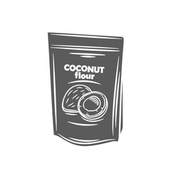 Coconut flour package glyph icon vector illustration. Stamp of fine shaved flakes and powder of coco fruit in packaging, natural coconut dry milk and healthy vegetarian food ingredient of bakery