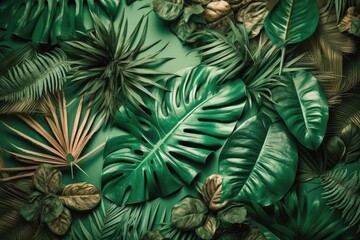 green leaves on a textured green background. Generative AI