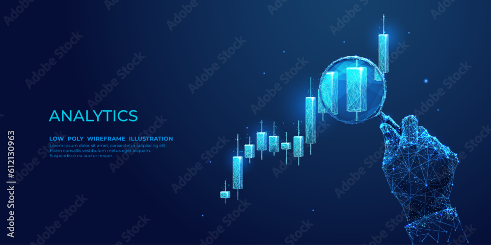 Fototapete digital stock market analysis concept. an abstract man holds a magnifying glass in his hand and anal