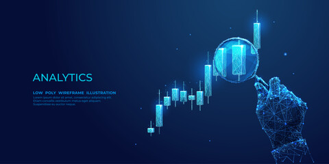 Digital stock market analysis concept. An abstract man holds a magnifying glass in his hand and analyzes the graph chart on technological dark blue background. Low poly wireframe vector illustration - obrazy, fototapety, plakaty