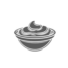 Sauce in bowl, side view glyph icon vector illustration. Stamp of small round ceramic cup with mayonnaise or sour cream, yogurt or cheese dip sauce swirls to add flavor to appetizer and dinner food