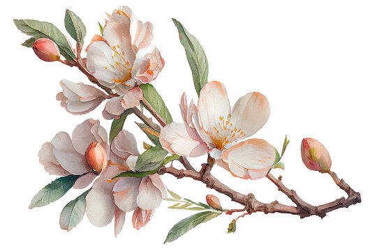 Watercolor drawing of a blossoming fruit tree twig in spring. Generative AI.