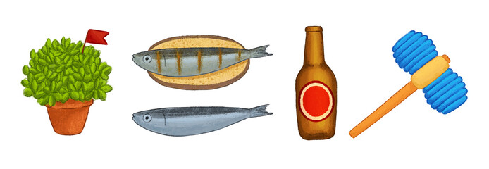 Elementos dos Santos e Festas Populares Portugueses. Manjerico, Martelo, Sardinha, Garrafa