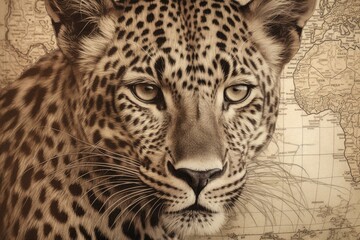 Fototapeta premium leopard staring intently on a map. Generative AI