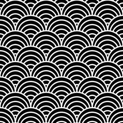Fish scale wallpaper. Asian traditional ornament with repeated scallops. Repeated white curves on black background. Seamless surface pattern design with semicircles. Grid motif. Digital paper.
