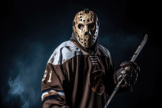 Creepy Scary Man Wearing a Hockey Mask for Halloween. Generative AI