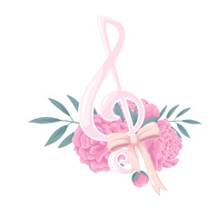 Music treble clef with flowers vector illustration. Cartoon isolated pink abstract music symbol and spring blossom, floral bouquet decoration for melody of classic musical symphony, opera or song