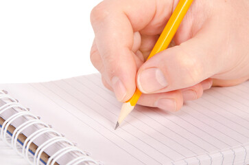 Men hand with pencil on a white background.
