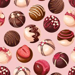Chocolate bombs seamless pattern vector illustration. Cartoon cocoa balls with sugar icing and candy decoration, glaze and strawberry slice, bombs with swirl of caramel or choco sauce isolated on pink