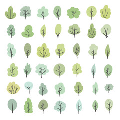 Set of deciduous and evergreen forest plants. Botanical collection of bare trees and ones with leaves and lush yellow, green and orange crowns. Colorful flat vector illustration on white background