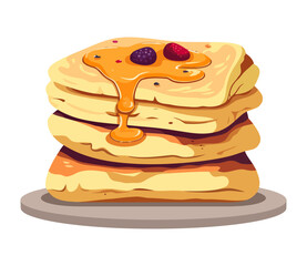 Stack of homemade pancakes with berry syrup