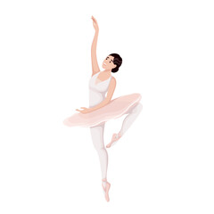 Naklejka na ściany i meble Ballerina dancing pirouette vector illustration. Cartoon isolated female ballet dancer in tutu and pointe shoes training classical fouette movement for performance in ballet theater or school ballroom