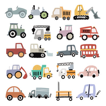 Cute collection of colorful cars isolated on white background. Icons in a hand-drawn style for the design of children's rooms, clothes, textiles. Vector illustration