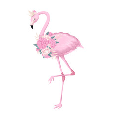 Princess flamingo with tropics flowers vector illustration. Cartoon isolated cute tropical animal character with gold crown and floral bouquet, graceful exotic pink flamingo for romantic decoration