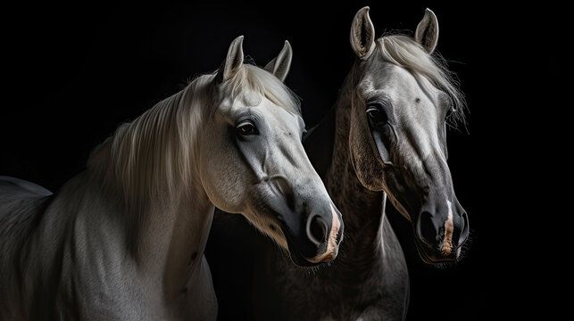 Two horse close up isolated on black background Generative AI