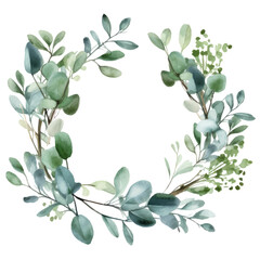 Watercolor eucalyptus wreath, hand-painted illustration. Sage green leaves and foliage frame.