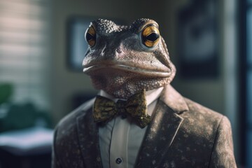Fototapeta premium Anthropomorphic frog dressed in a suit like a businessman. Business Concept. AI generated, human enhanced
