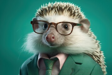 Anthropomorphic Hedgehog dressed in a suit like a businessman. Business Concept. AI generated, human enhanced