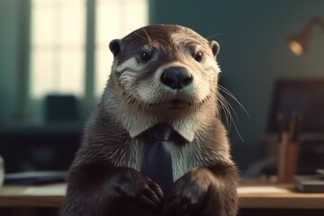 Anthropomorphic Otter dressed in a suit like a businessman. business concept. AI generated, human enhanced