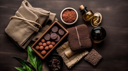 Fototapeta na wymiar natural cosmetic. Spa skin care ingredients for chocolate wraps. Cocoa powder, chocolate, milk, cinnamon, clean and towels close-up on a dark background. Generative AI