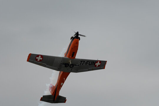 T7-FUN Pilatus PC-7 airplane over the rhine valley in Switzerland 20.5.2023