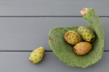 Cactus fruits, edible cactus, thin, diet product, healthy food, fresh exotic fruits, gray background, wallpaper