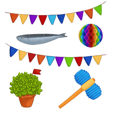 Elementos dos Santos e Festas Populares Portugueses. Manjerico, Martelo, Sardinha, Bal&atilde;o, Bandeiras, Decora&ccedil;&otilde;es