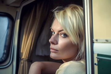 Fototapeta na wymiar Nomadic Bliss: A Blonde Traveler Finds Serenity and Joy Sitting by the Camper Door, ai generative