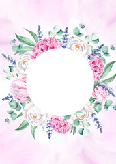 Floral background card. Wedding invitation template with circle wreath, white and pink peonies, lavender, eucalyptus, purple watercolor splashes. For save the date, greeting cards and cover design.