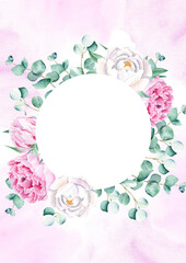 Floral background card. Wedding invitation template with circle wreath, white and pink peonies, eucalyptus, purple watercolor splashes. For save the date, greeting cards and cover design.