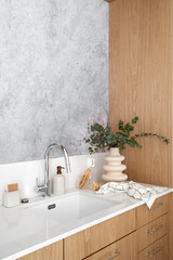 contemporary faucet over basin, wooden dish brushes and sponge on worktop