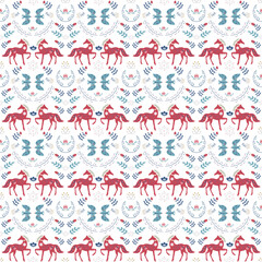 Horses and birds. Ethnic damask pattern. Decorative plant plot of leaves and berries. Folk Scandinavian style. Seamless pattern. Vector. For fabric, clothes, home decor, covers and brochures. 