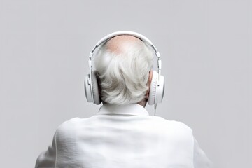 Old Eldery man listening to music on headphones