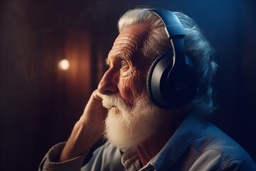 Old Eldery man listening to music on headphones
