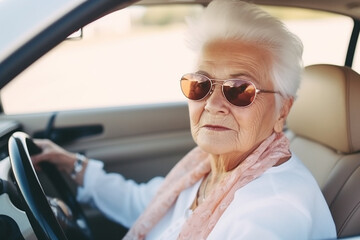 Senior active woman driving a car. Generative AI