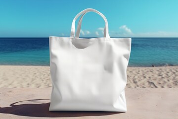 Mockup of a white blank tote bag with sky and nature on the background - obrazy, fototapety, plakaty