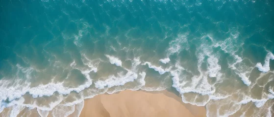 Fotobehang Ocean waves on the beach as a background. Beautiful natural summer vacation holidays background. Aerial top down view of beach and sea with blue water waves. Generative Ai   © 360VP