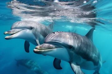 happy dolphins swimming on the ocean