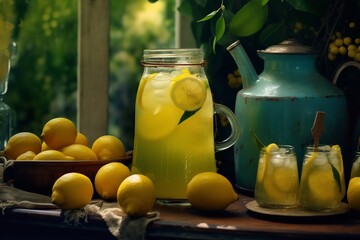 glass of fresh juicy lemonade with lemons
