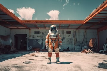 Fototapeta premium Astronaut in a ruined city background in post apocalypse style Generative AI