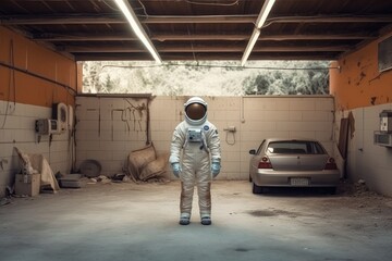 Fototapeta premium Astronaut in a ruined city background in post apocalypse style Generative AI