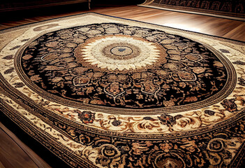 Fototapeta na wymiar Persian Carpet Texture, abstract ornament. Round mandala pattern, Middle Eastern Traditional Carpet Fabric Texture in living room. Generative AI