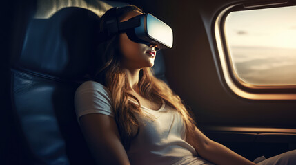 Fototapeta na wymiar Woman relaxing with VR goggles on an airplane by generative AI