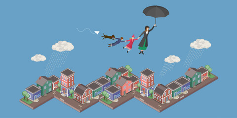 3D Isometric Flat Vector Conceptual Illustration of Babysitter, Woman Taking Care of Kids - obrazy, fototapety, plakaty