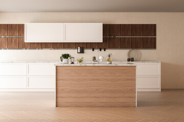 White scandinavian kitchen interior with dining room and wooden floor. Simply furniture with utensils, shelves with crockery and plants in pot, refrigerator in modern minimal design. 3d render