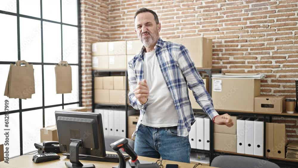 Sticker Middle age man ecommerce business worker dancing at office